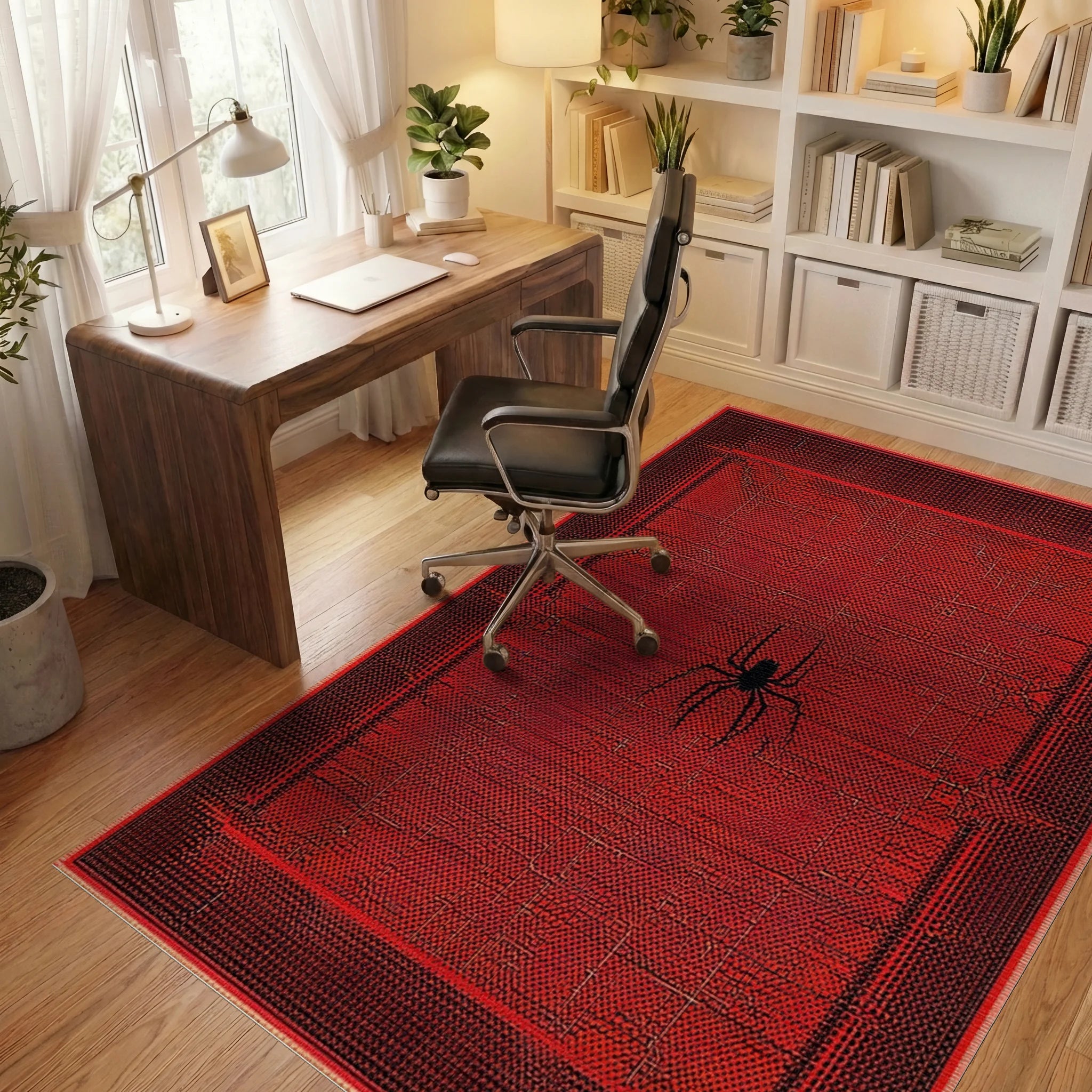 Crimson Spider Web Graphic Rug - Office View