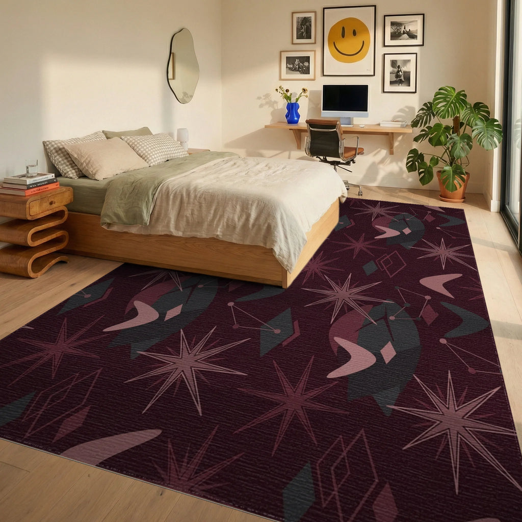 Crimson Starburst Atomic Boomerang Shapes Rug Bedroom View
