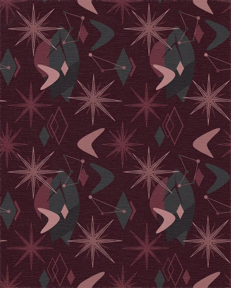Crimson Starburst Atomic Boomerang Shapes Rug - Cutout View