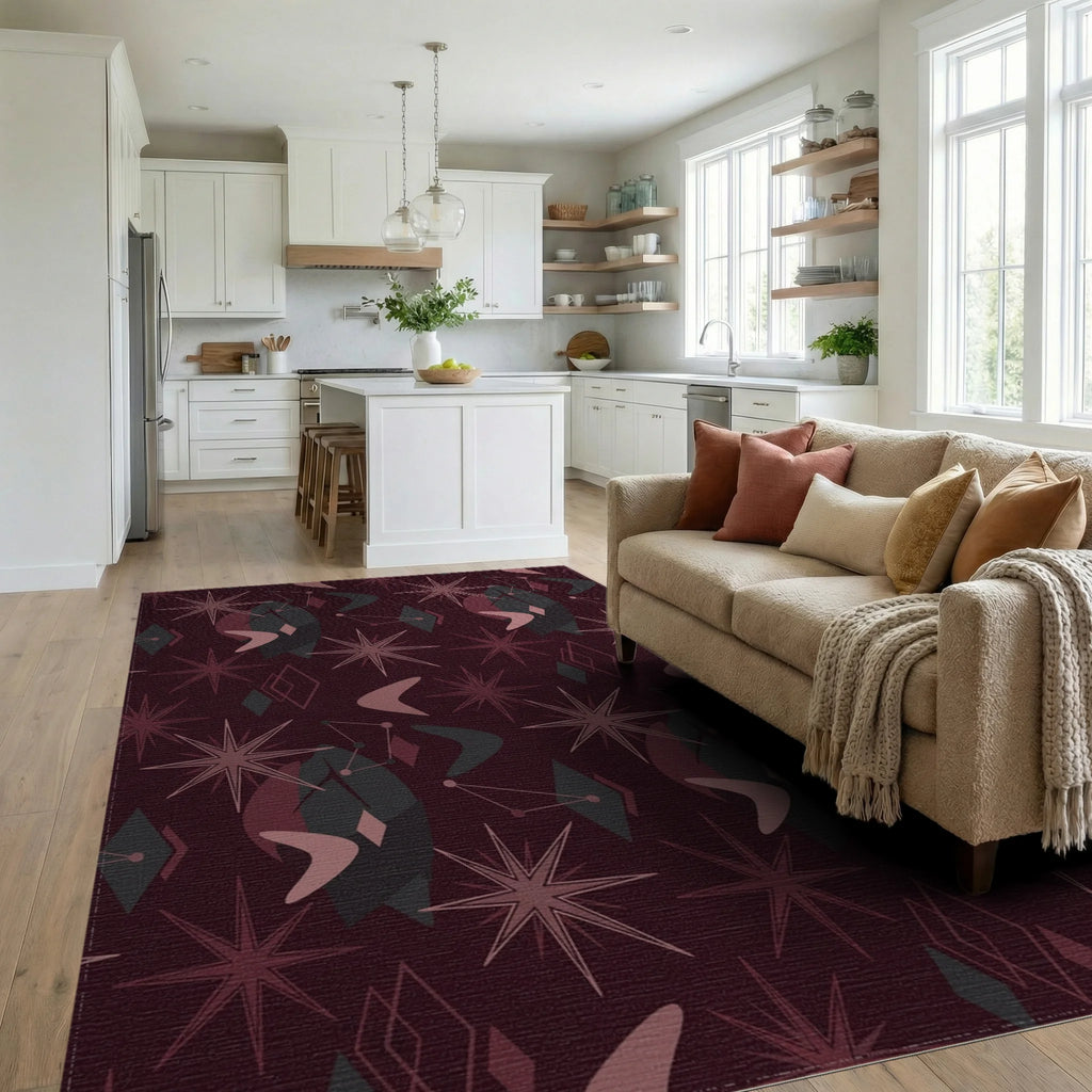 Crimson Starburst Atomic Boomerang Shapes Rug Living Room View