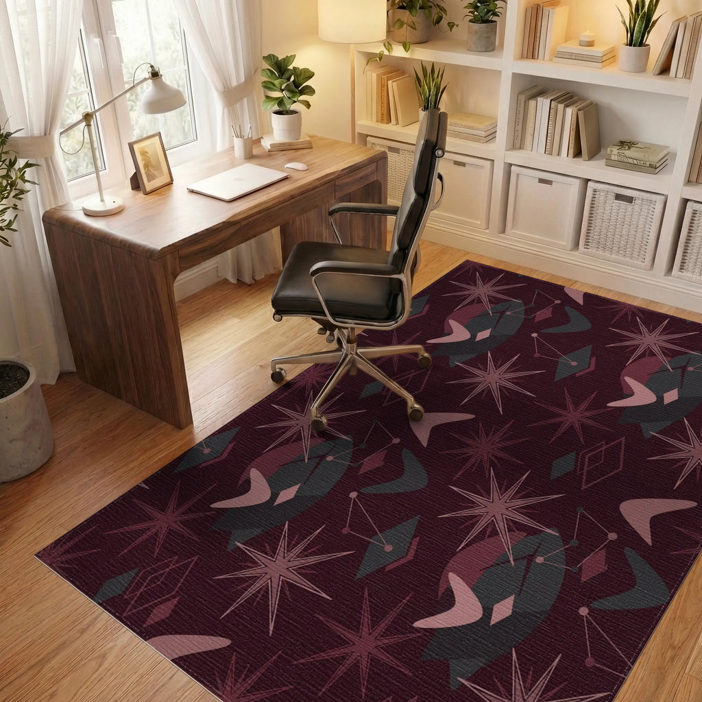 Crimson Starburst Atomic Boomerang Shapes Rug Office View