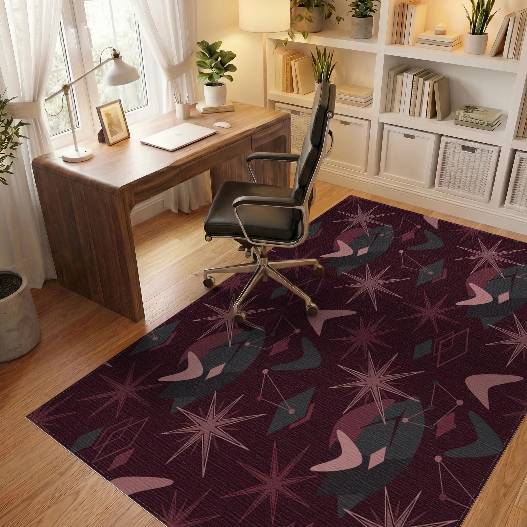 Crimson Starburst Atomic Boomerang Shapes Rug Office View