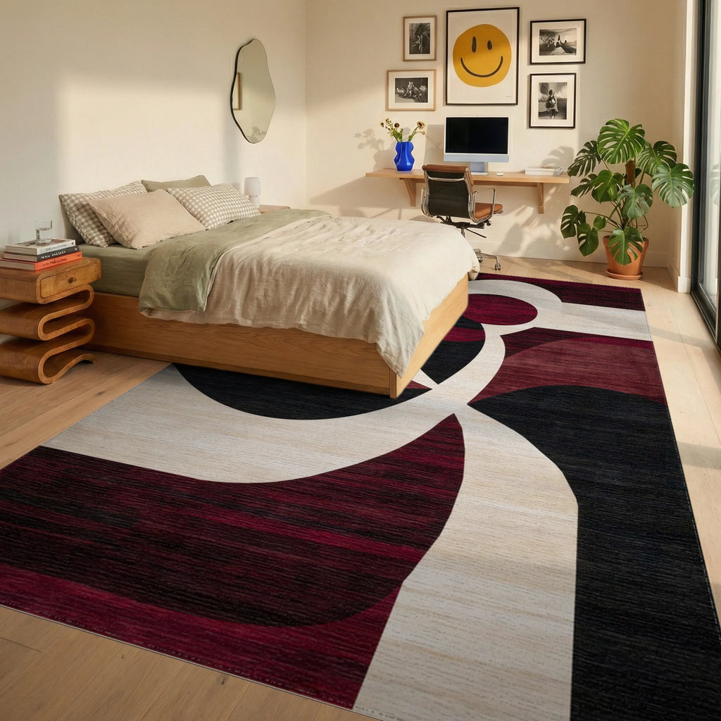 Crimson Swirl Abstract Contemporary Rug - Bedroom View