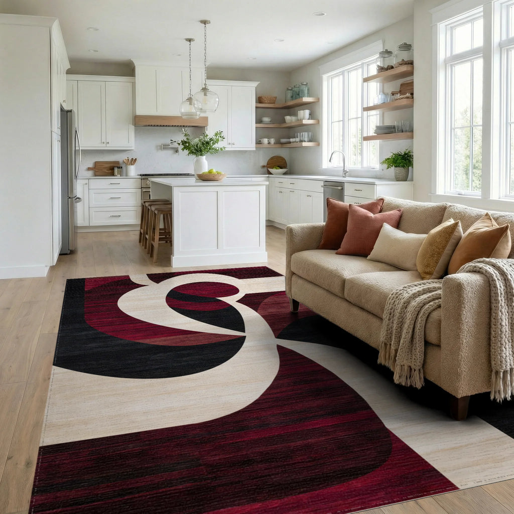 Crimson Swirl Abstract Contemporary Rug - Living Room View