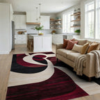Crimson Swirl Abstract Contemporary Rug - Living Room View