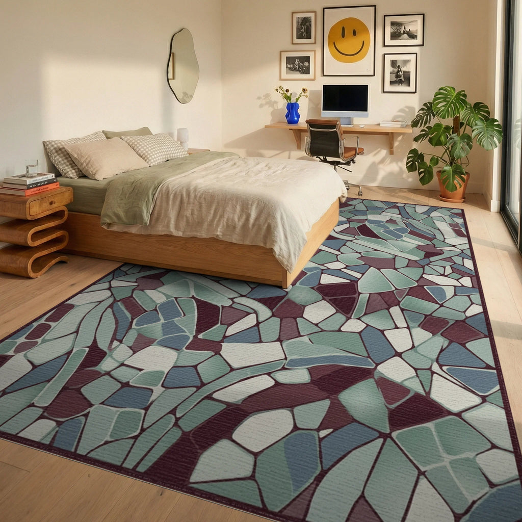 Crimson Teal Broken Stone Mosaic Rug Bedroom View