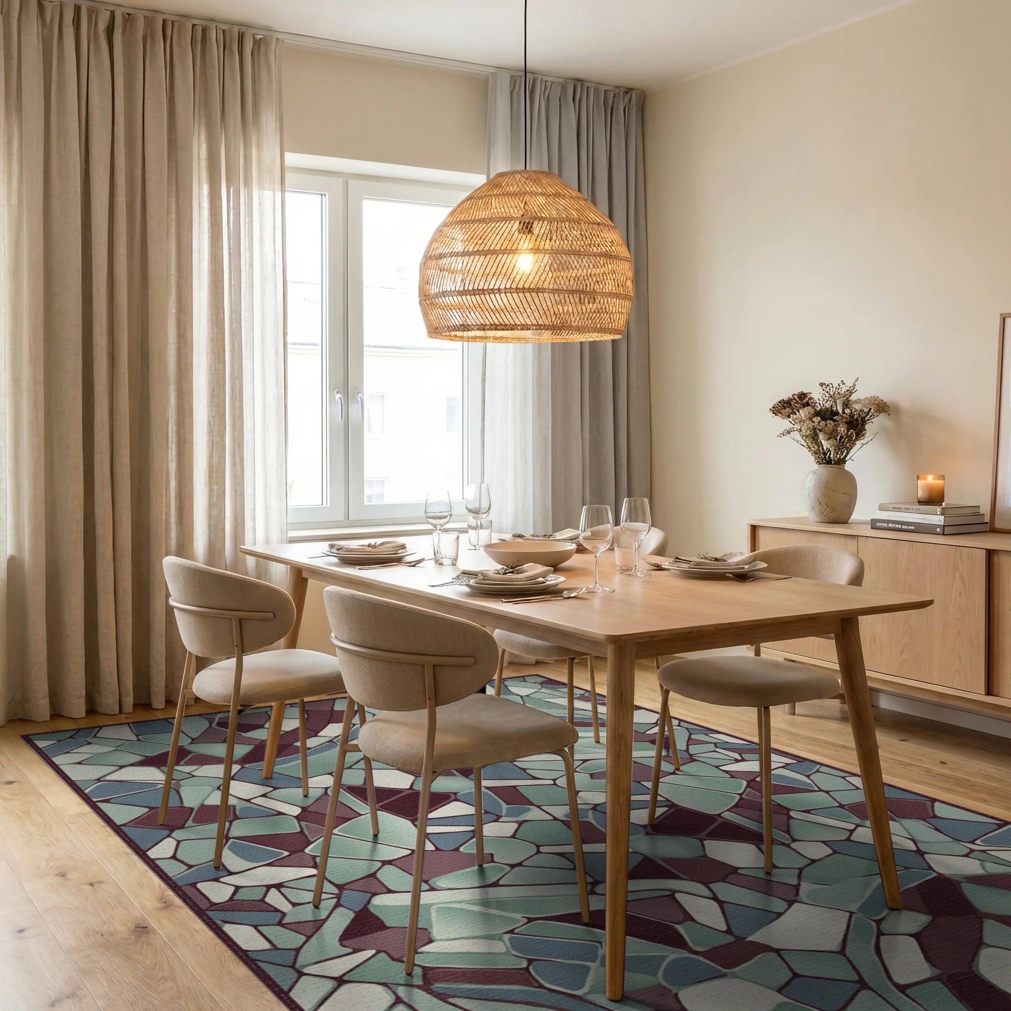 Crimson Teal Broken Stone Mosaic Rug Dining Room View