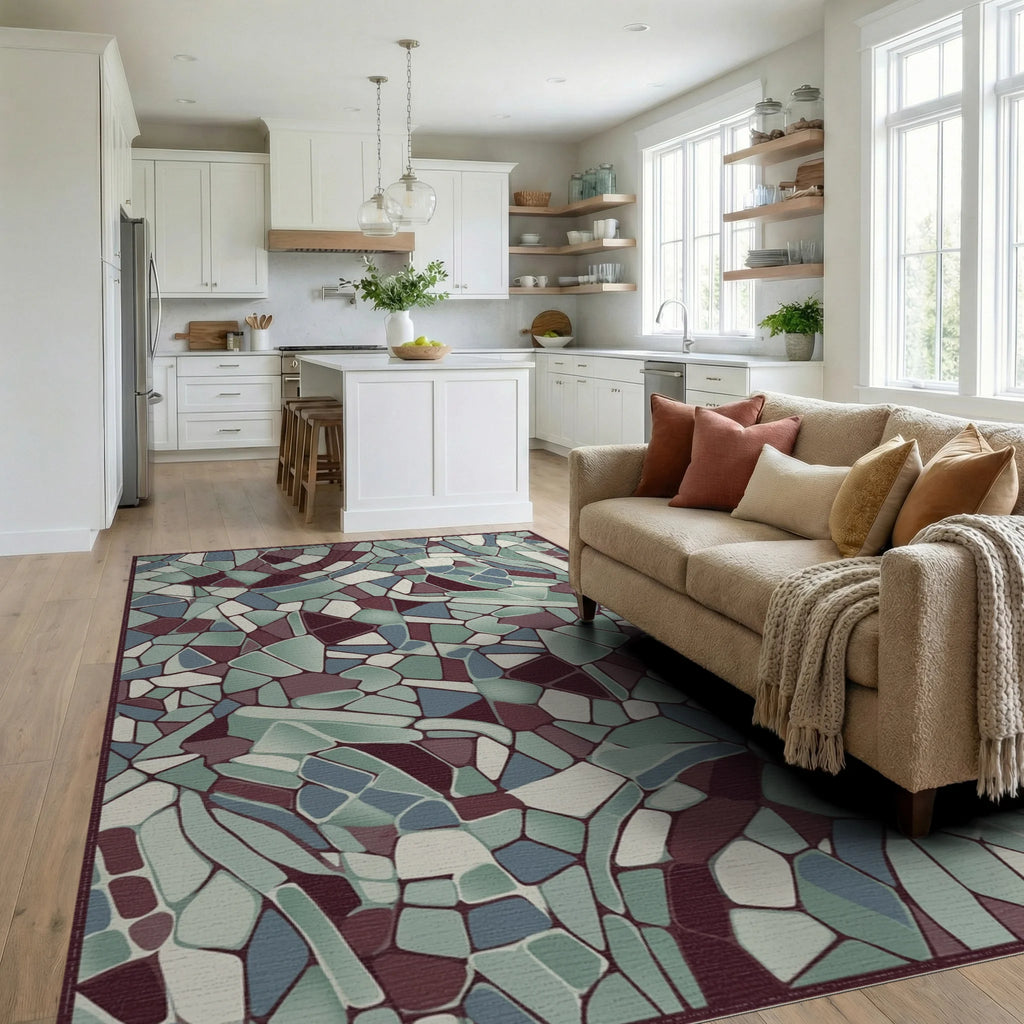 Crimson Teal Broken Stone Mosaic Rug Living Room View