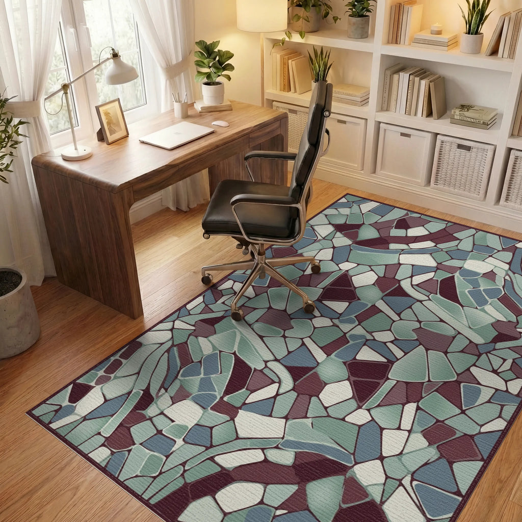 Crimson Teal Broken Stone Mosaic Rug Office View
