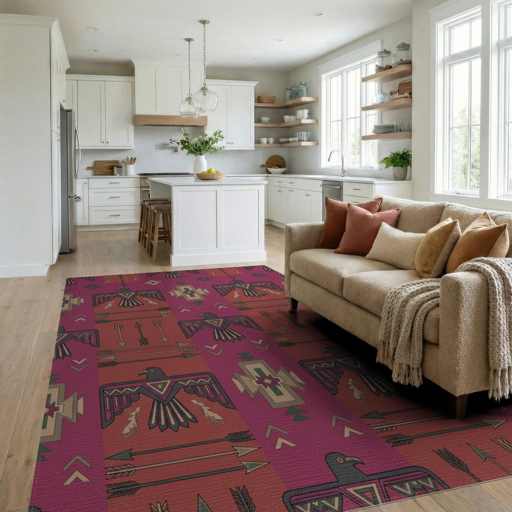 Crimson Thunderbird Arrow Geometric Rug Living Room View