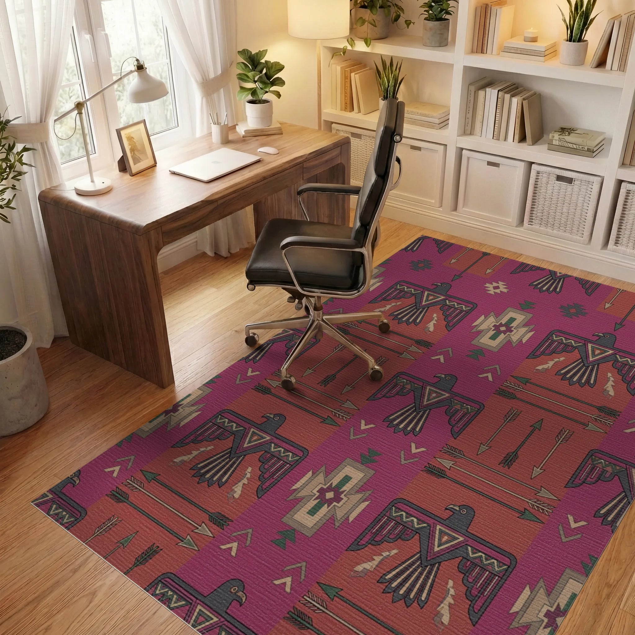 Crimson Thunderbird Arrow Geometric Rug Office View