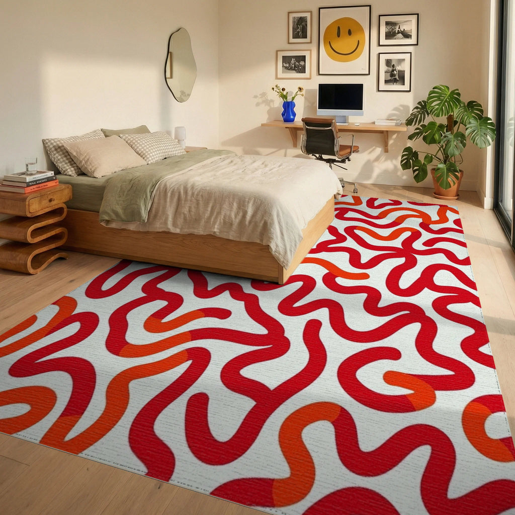 Crimson Wavy Organic Lines Rug Bedroom View