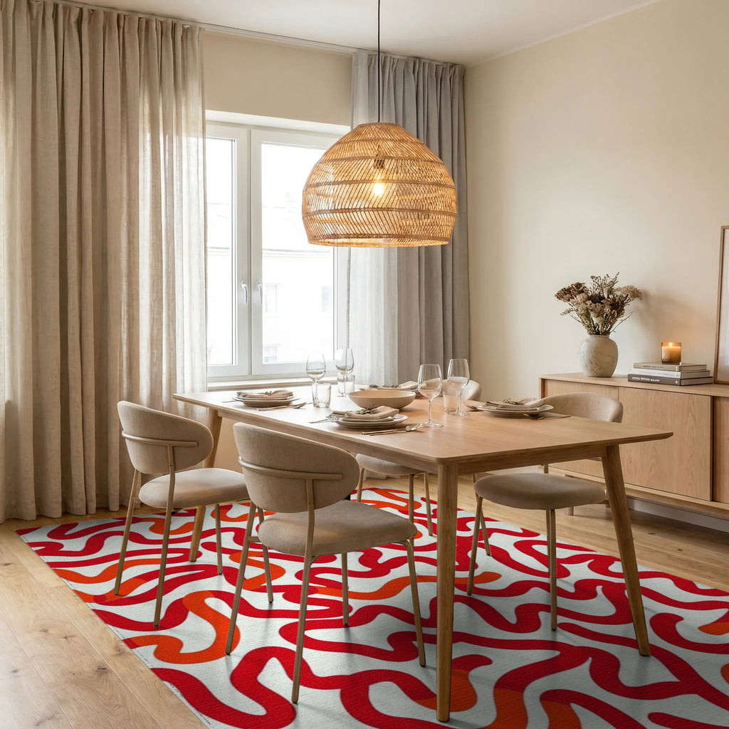 Crimson Wavy Organic Lines Rug Dining Room View