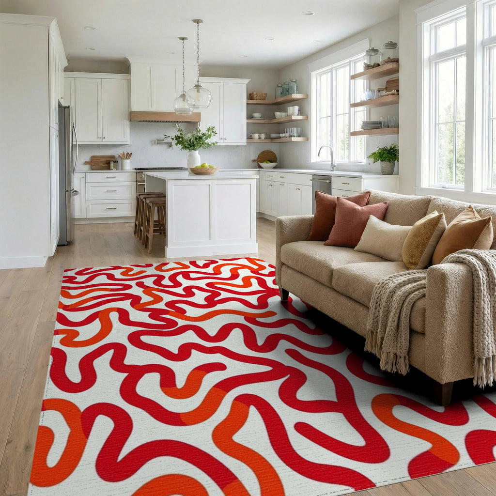 Crimson Wavy Organic Lines Rug Living Room View