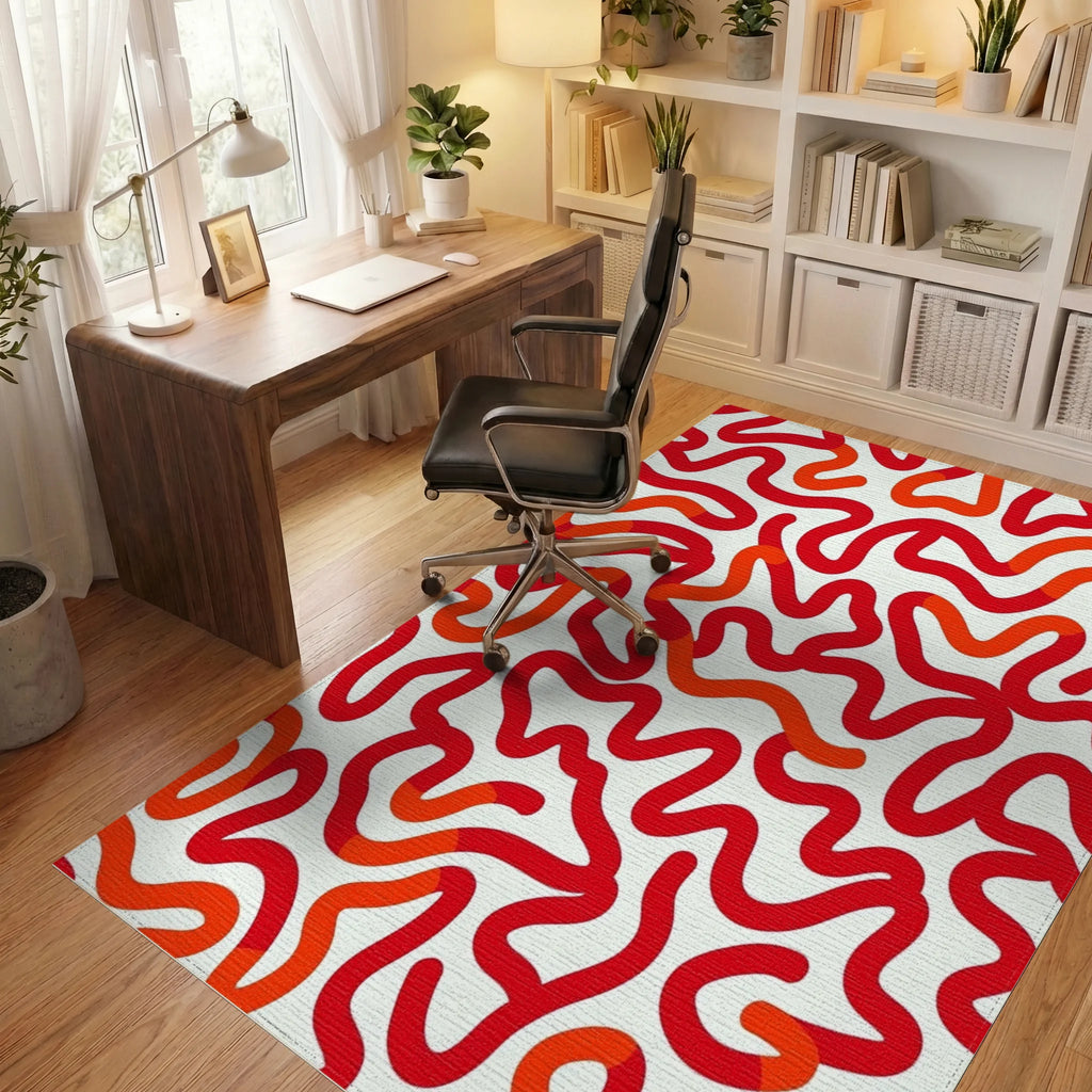 Crimson Wavy Organic Lines Rug Office View
