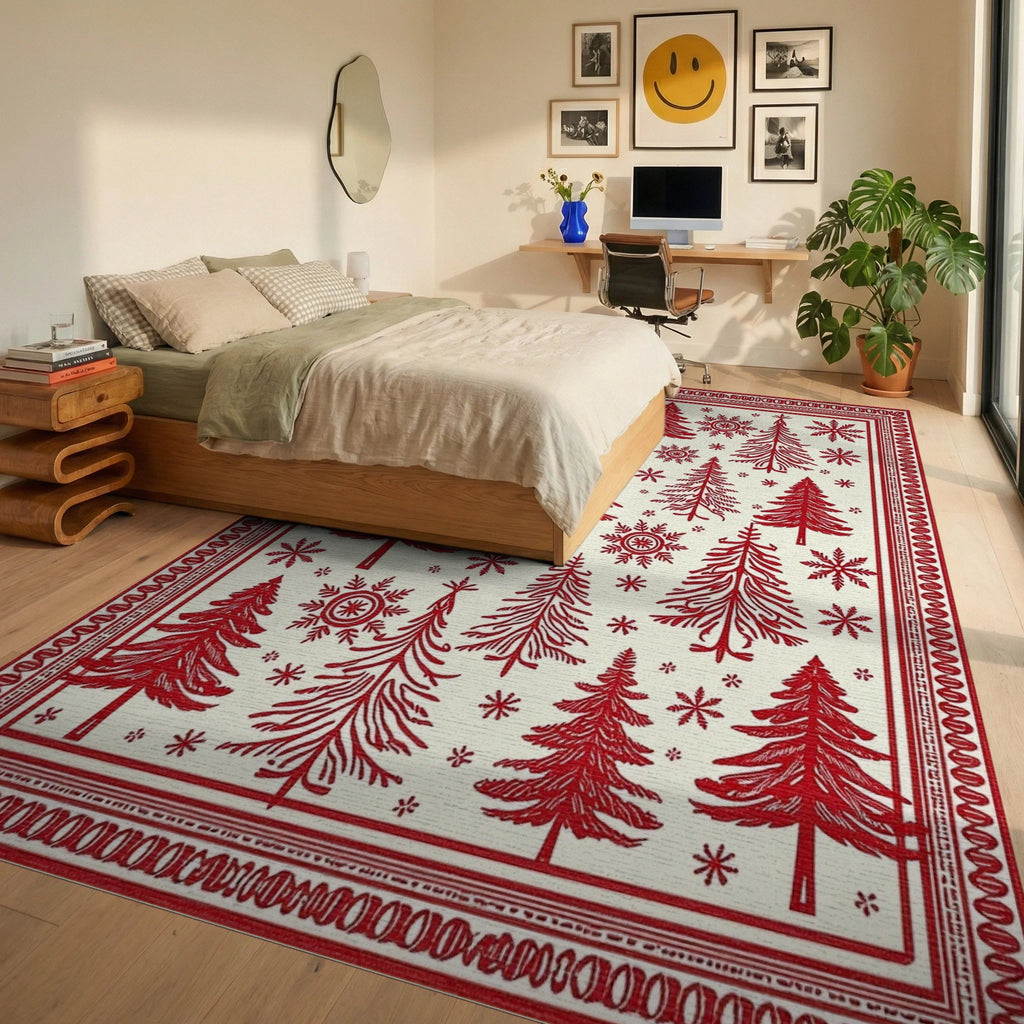 Crimson Woodland Tree Snowflake Scene Rug - Bedroom View