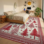 Crimson Woodland Tree Snowflake Scene Rug - Bedroom View