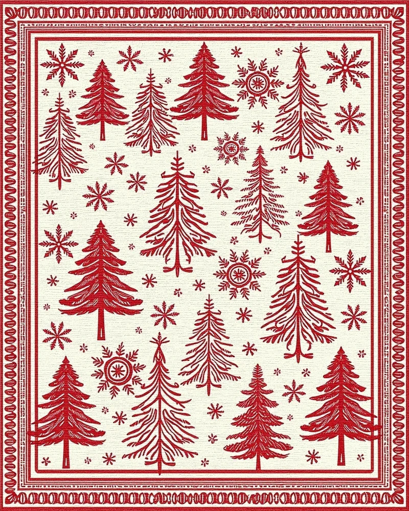 Crimson Woodland Tree Snowflake Scene Rug - Cutout View
