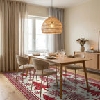 Crimson Woodland Tree Snowflake Scene Rug - Dining Room View