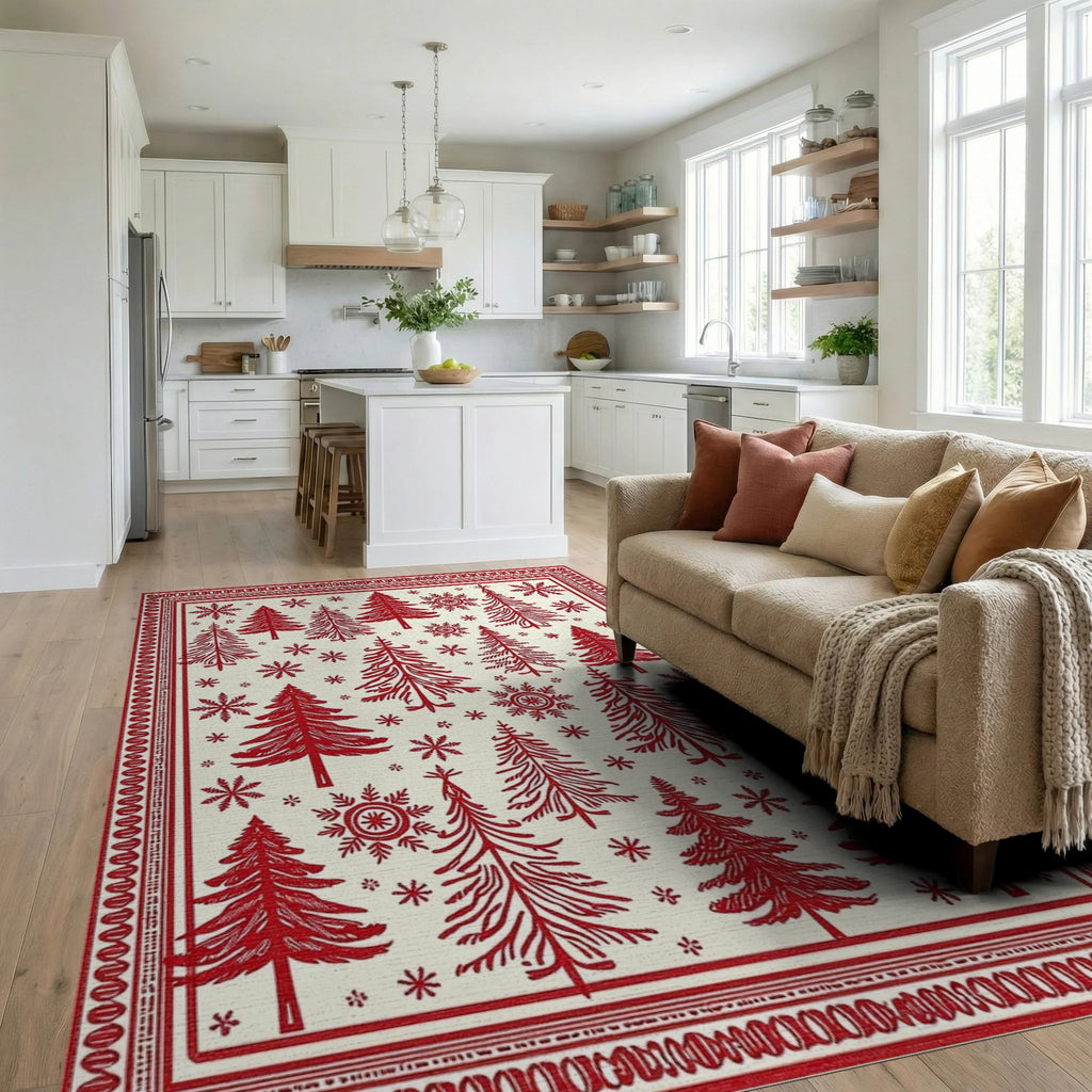 Crimson Woodland Tree Snowflake Scene Rug - Living Room View