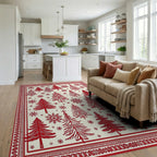 Crimson Woodland Tree Snowflake Scene Rug - Living Room View