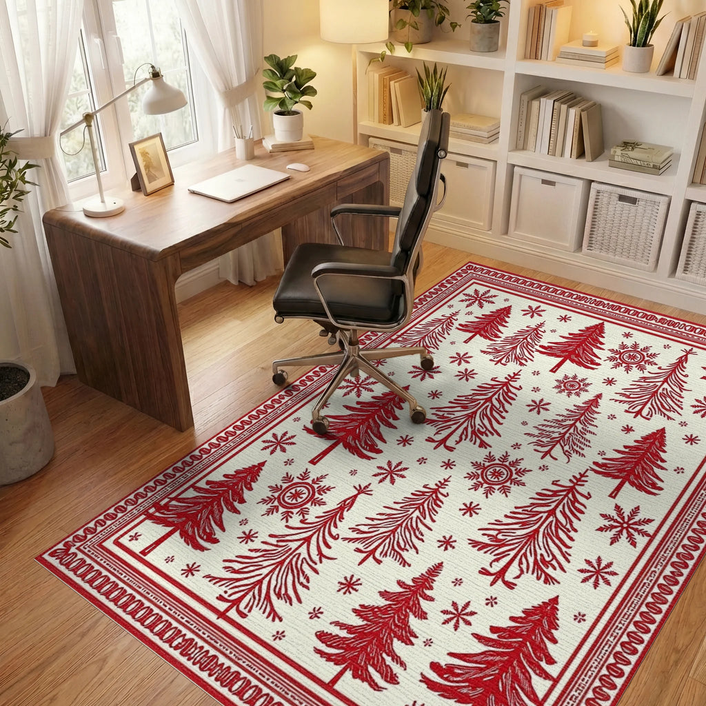 Crimson Woodland Tree Snowflake Scene Rug - Office View