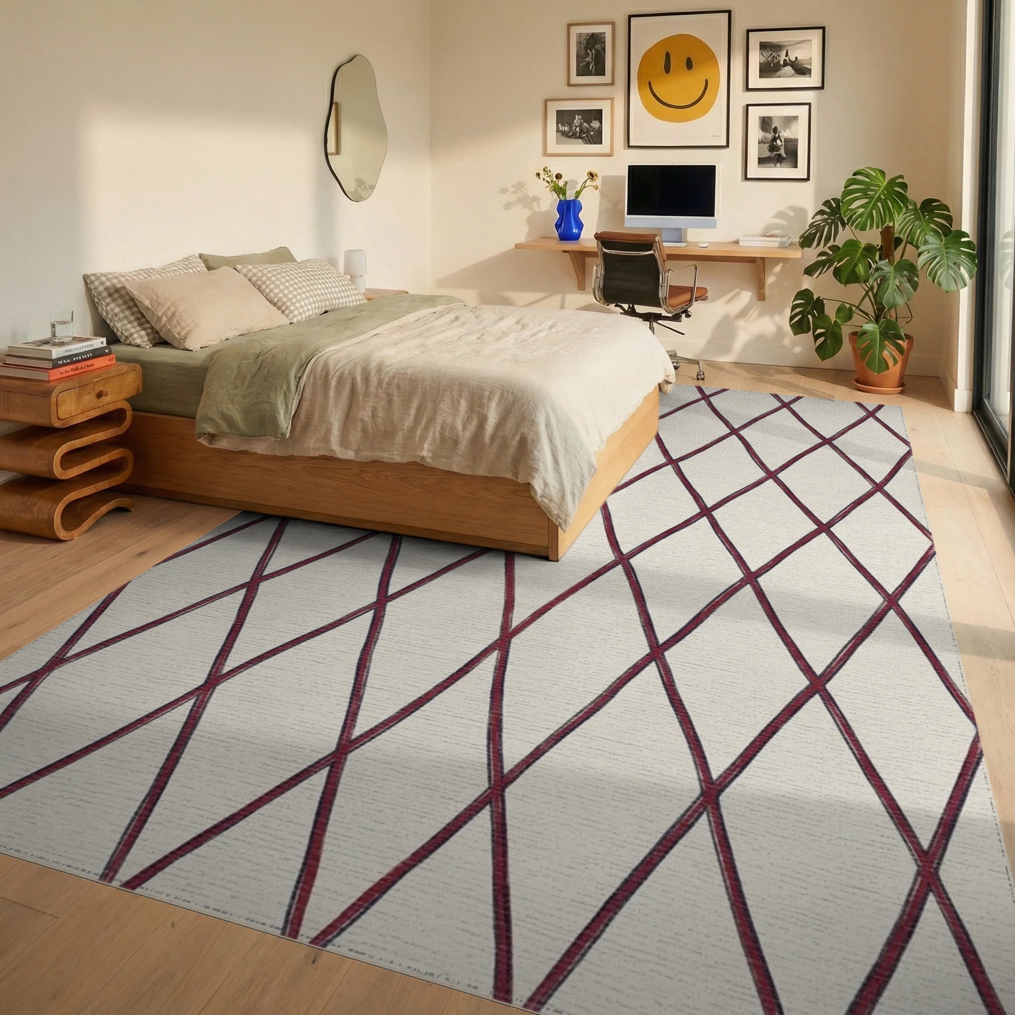 Crimson Woven Diamond Lattice Rug Bedroom View