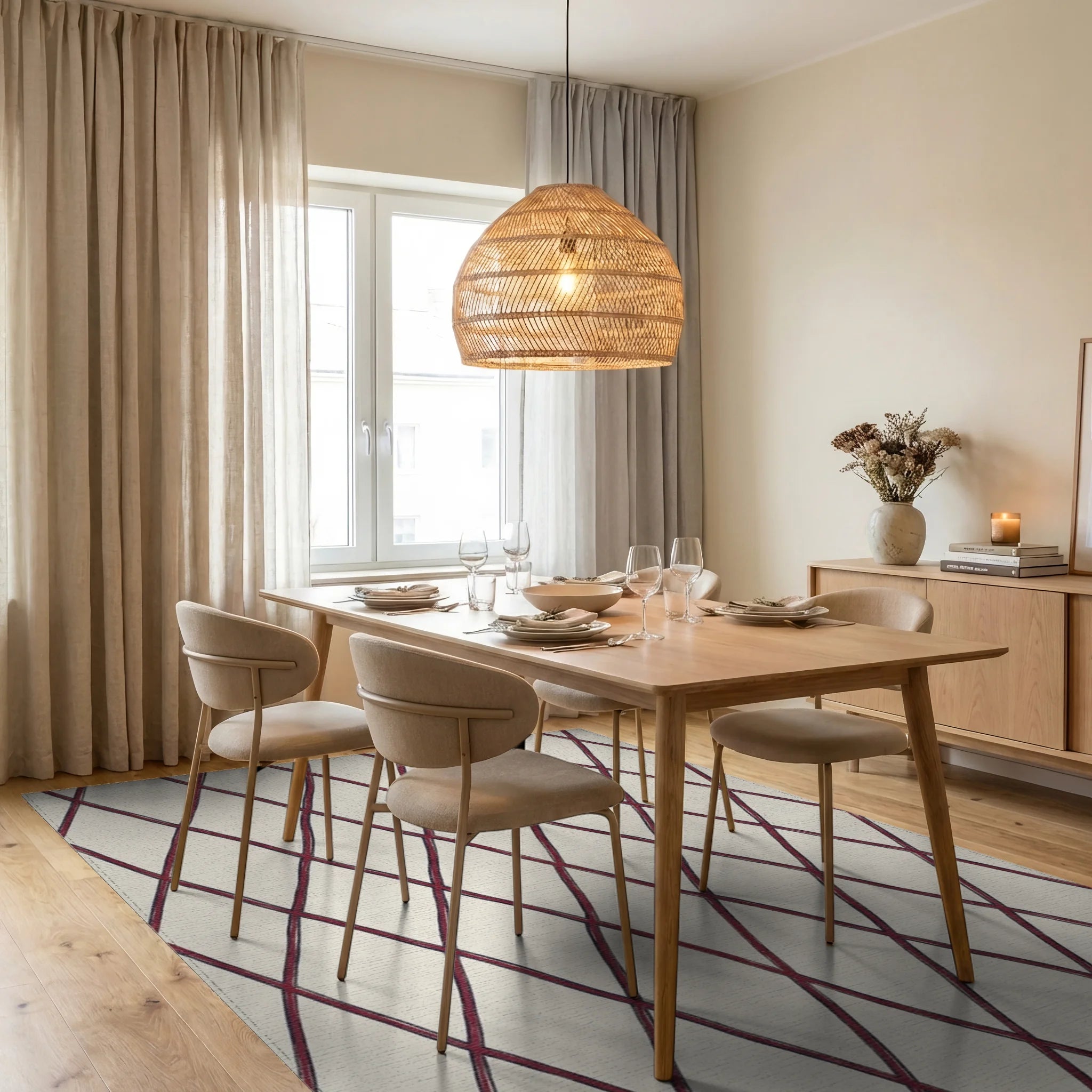 Crimson Woven Diamond Lattice Rug Dining Room View