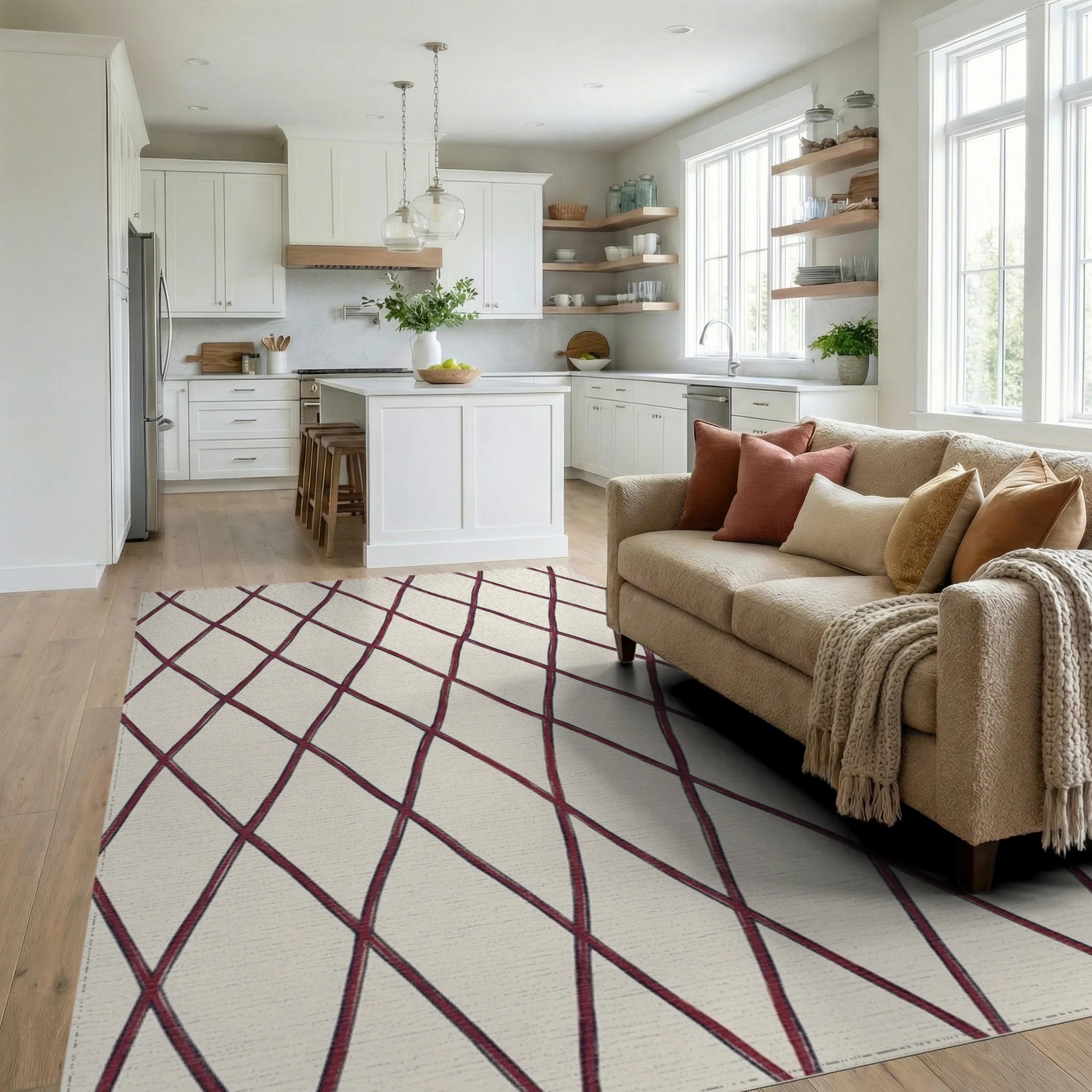 Crimson Woven Diamond Lattice Rug Living Room View