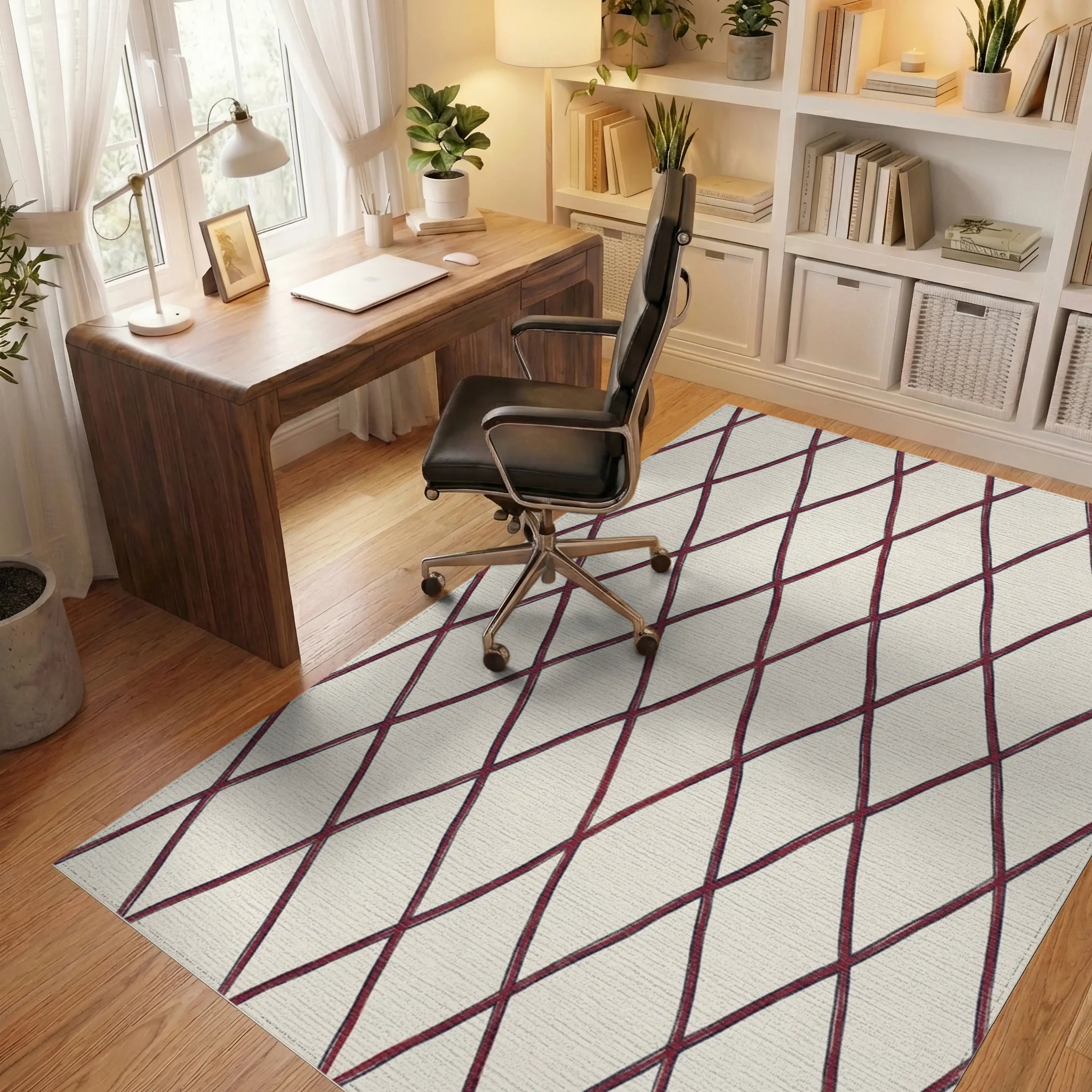 Crimson Woven Diamond Lattice Rug Office View