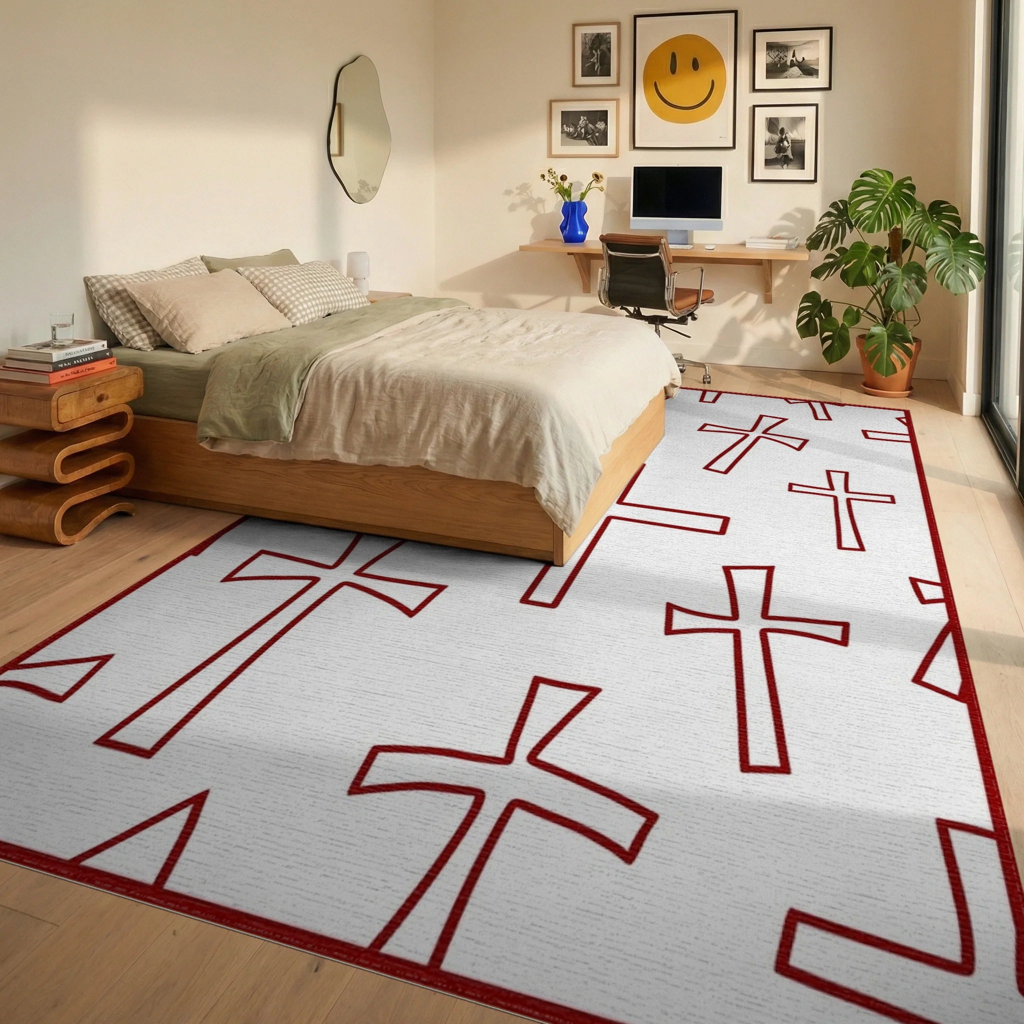 Cross Pattern Red Graphic Rug - Bedroom View