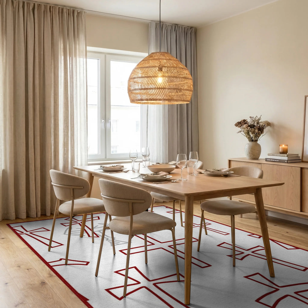 Cross Pattern Red Graphic Rug - Dining Room View