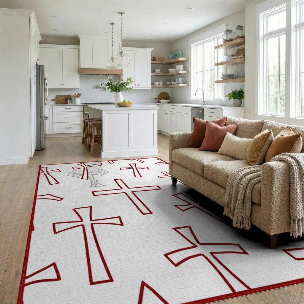 Cross Pattern Red Graphic Rug - Living Room View
