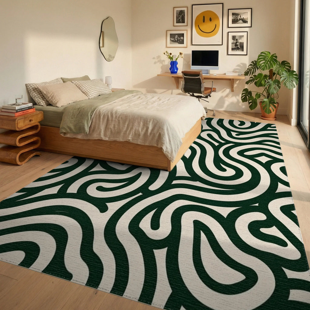 Curved Dark Green Cream Pattern Rug Bedroom View