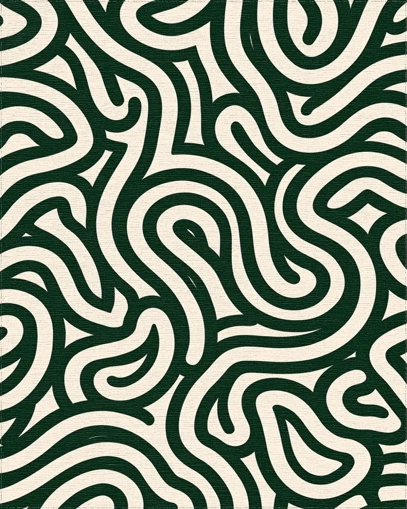 Curved Dark Green Cream Pattern Rug - Cutout View