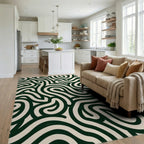 Curved Dark Green Cream Pattern Rug Living Room View