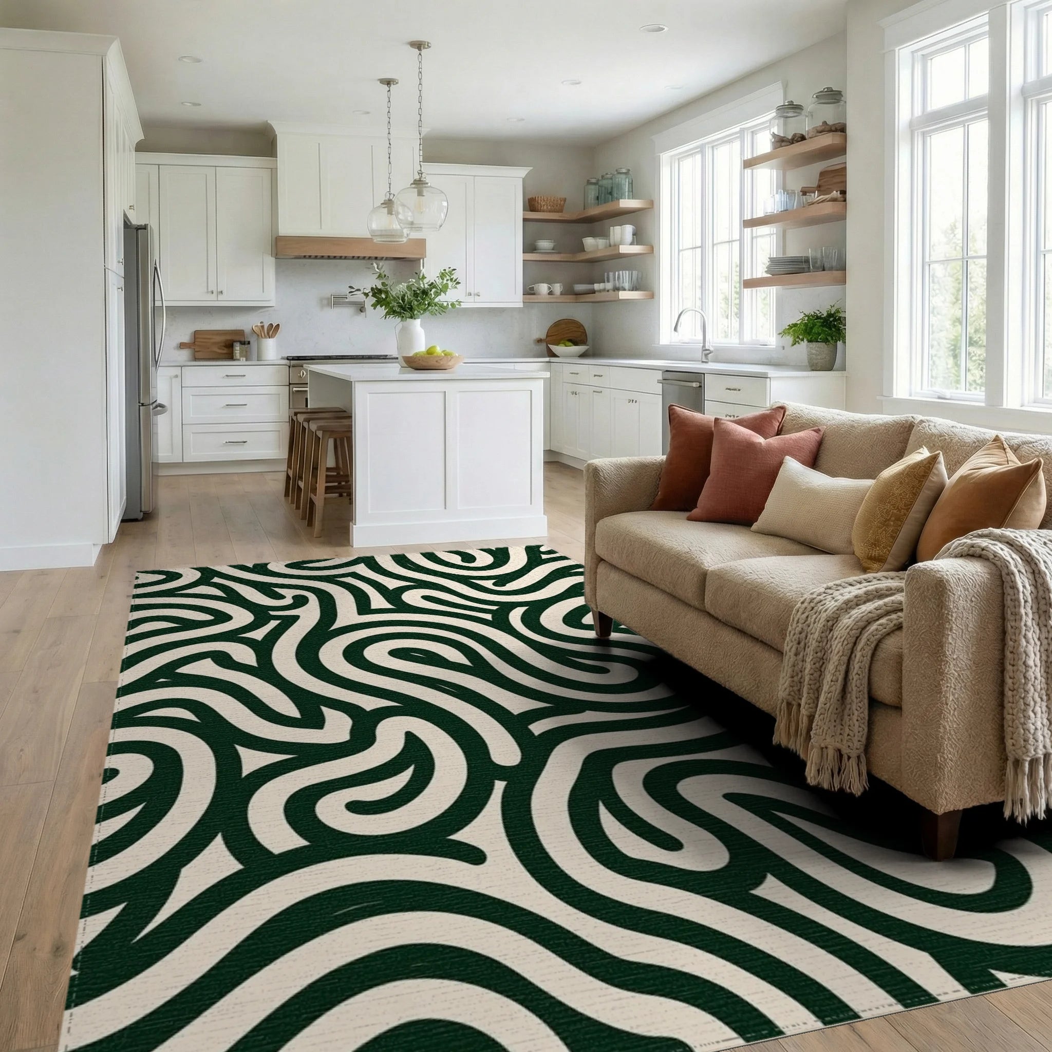 Curved Dark Green Cream Pattern Rug Living Room View