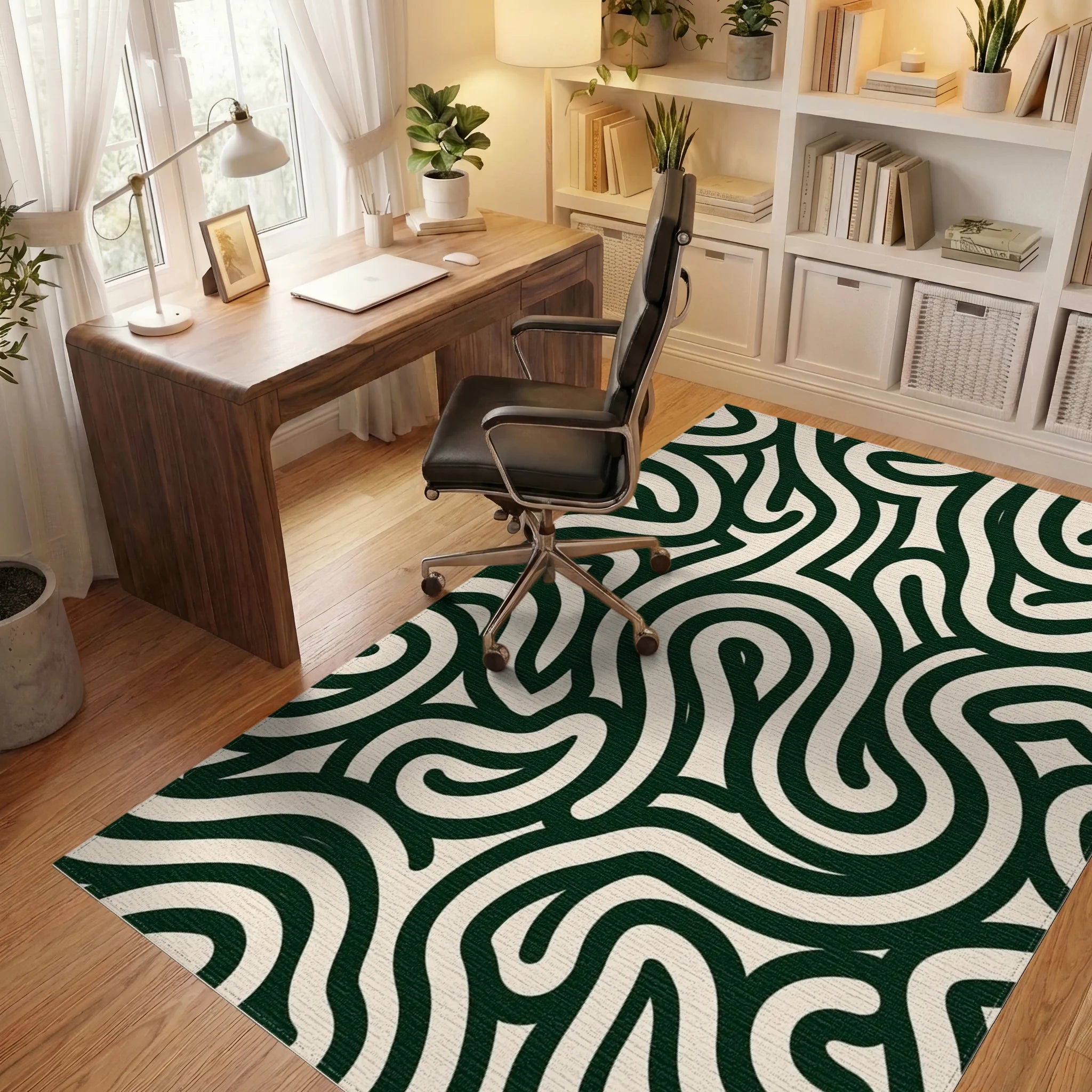 Curved Dark Green Cream Pattern Rug Office View
