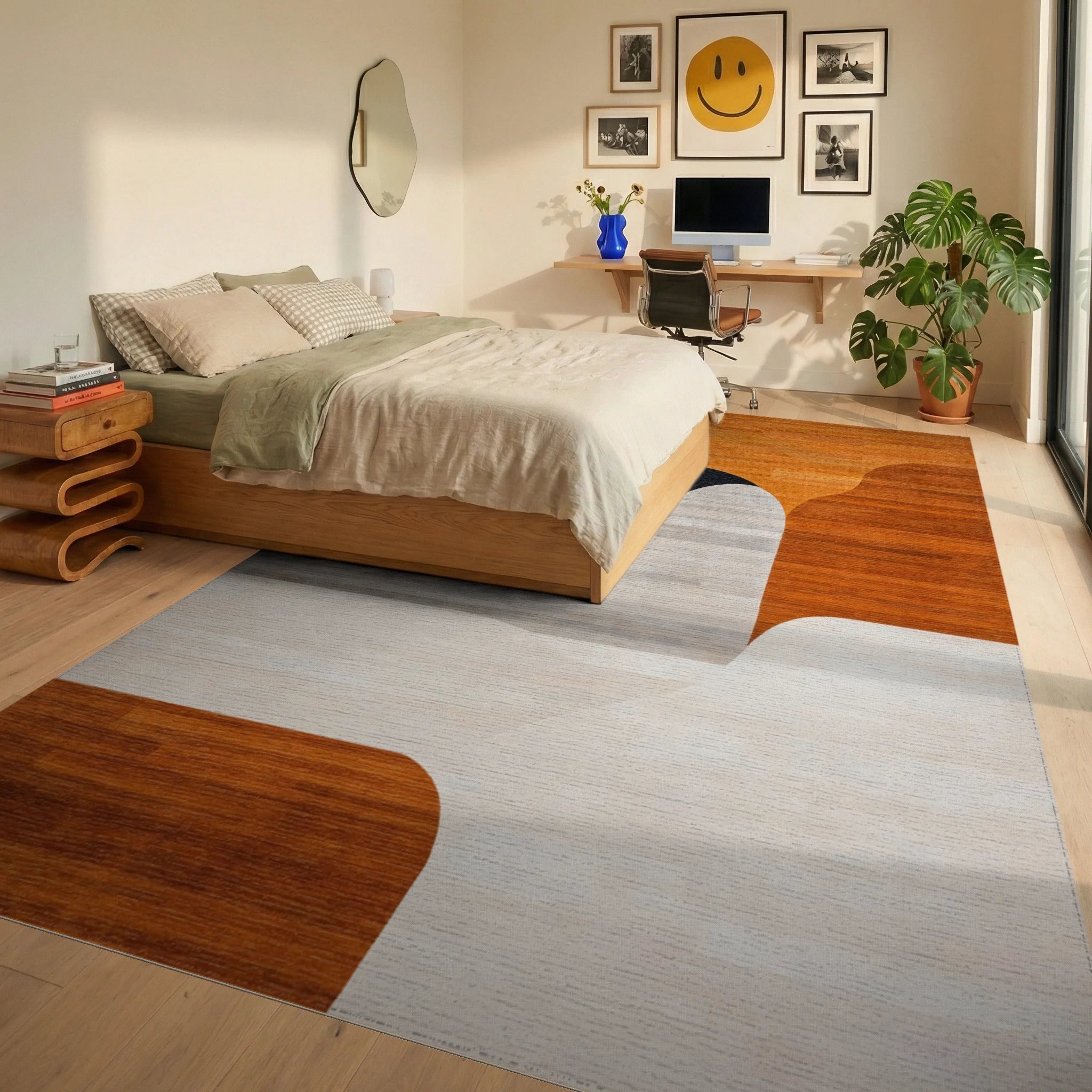 Curved Geometric Warm Tones Rug - Bedroom View