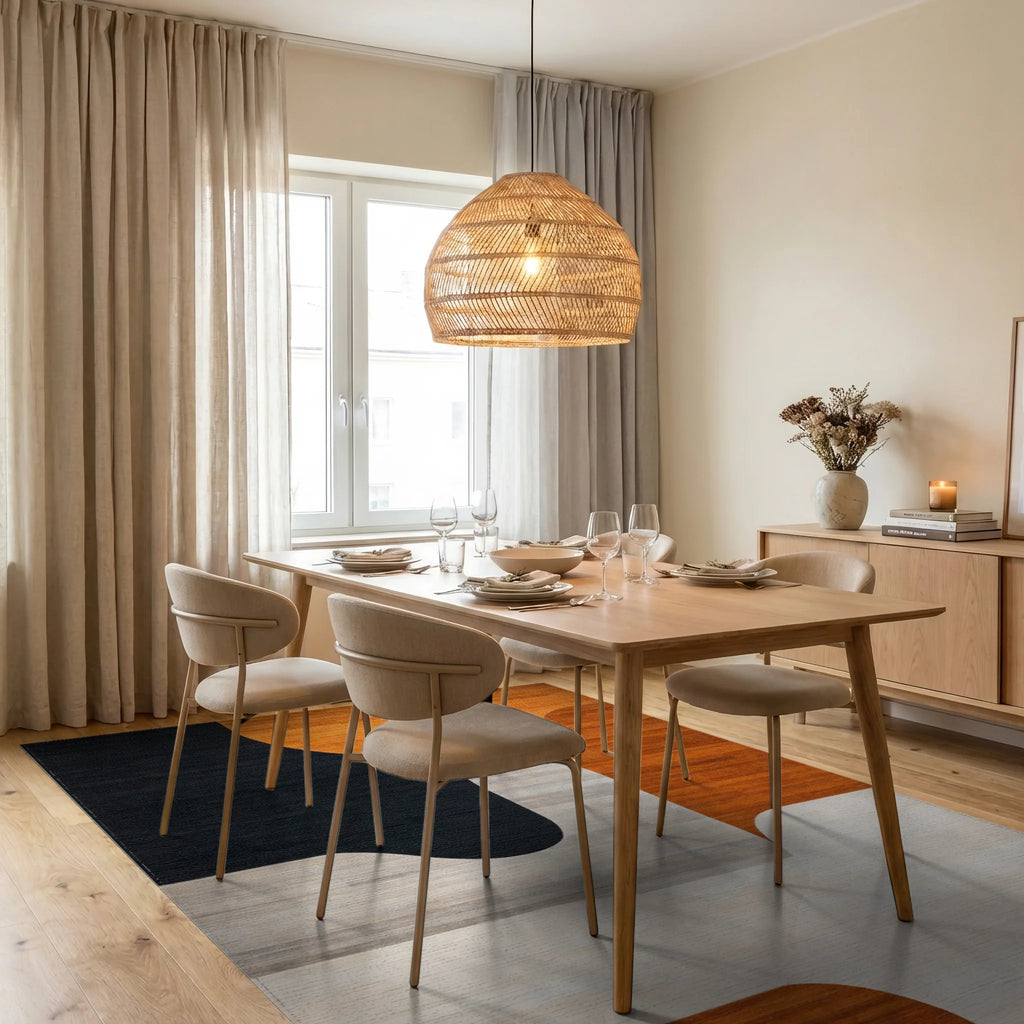 Curved Geometric Warm Tones Rug - Dining Room View