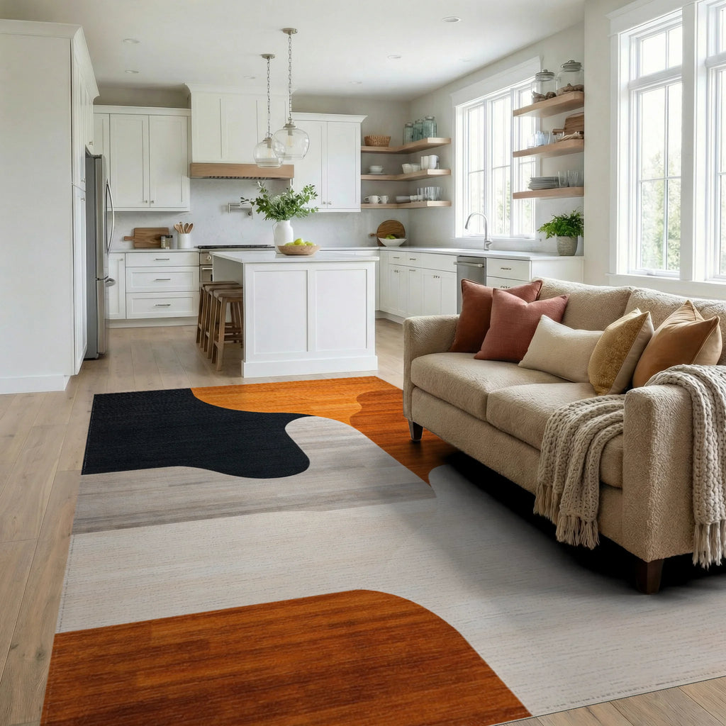 Curved Geometric Warm Tones Rug - Living Room View
