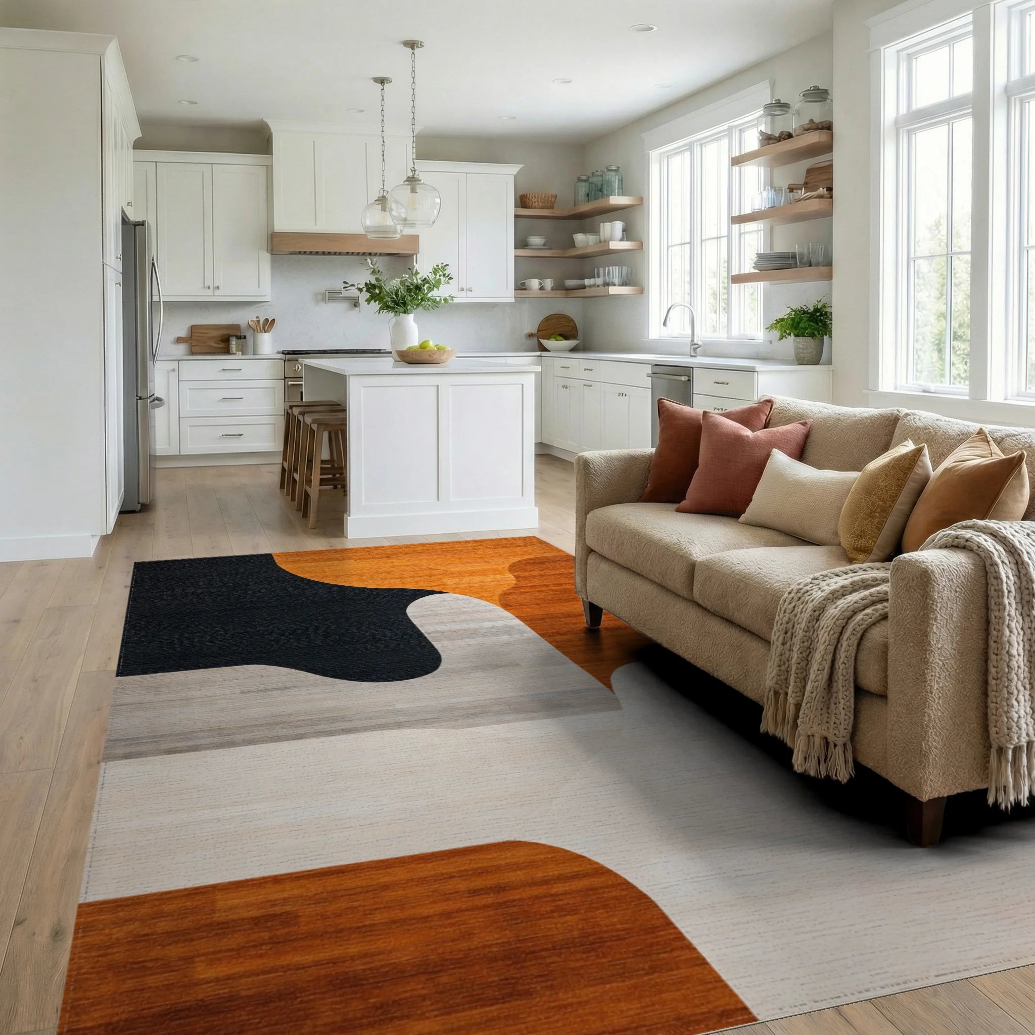 Curved Geometric Warm Tones Rug - Living Room View