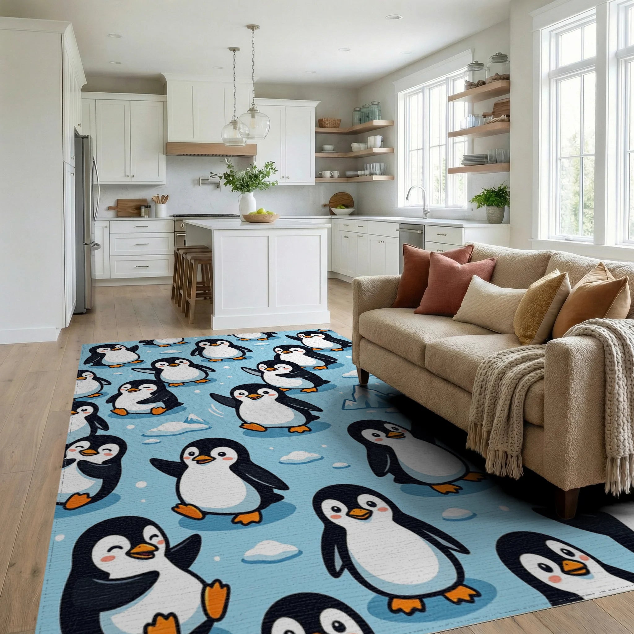 Cute Blue Penguin Iceberg Landscape Rug Living Room View