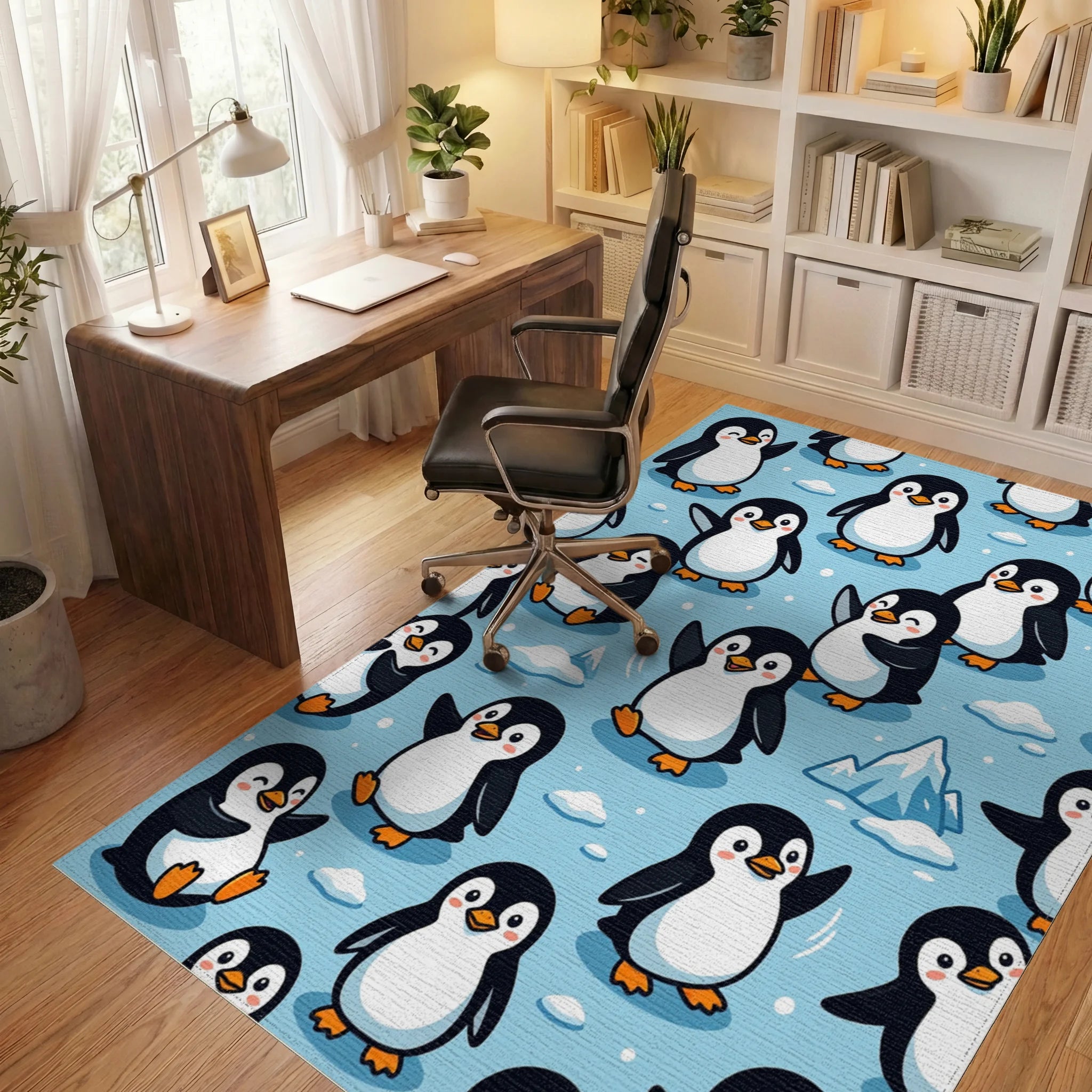 Cute Blue Penguin Iceberg Landscape Rug Office View