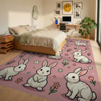 Cute Bunny Rabbit Floral Pink Backdrop Rug Bedroom View