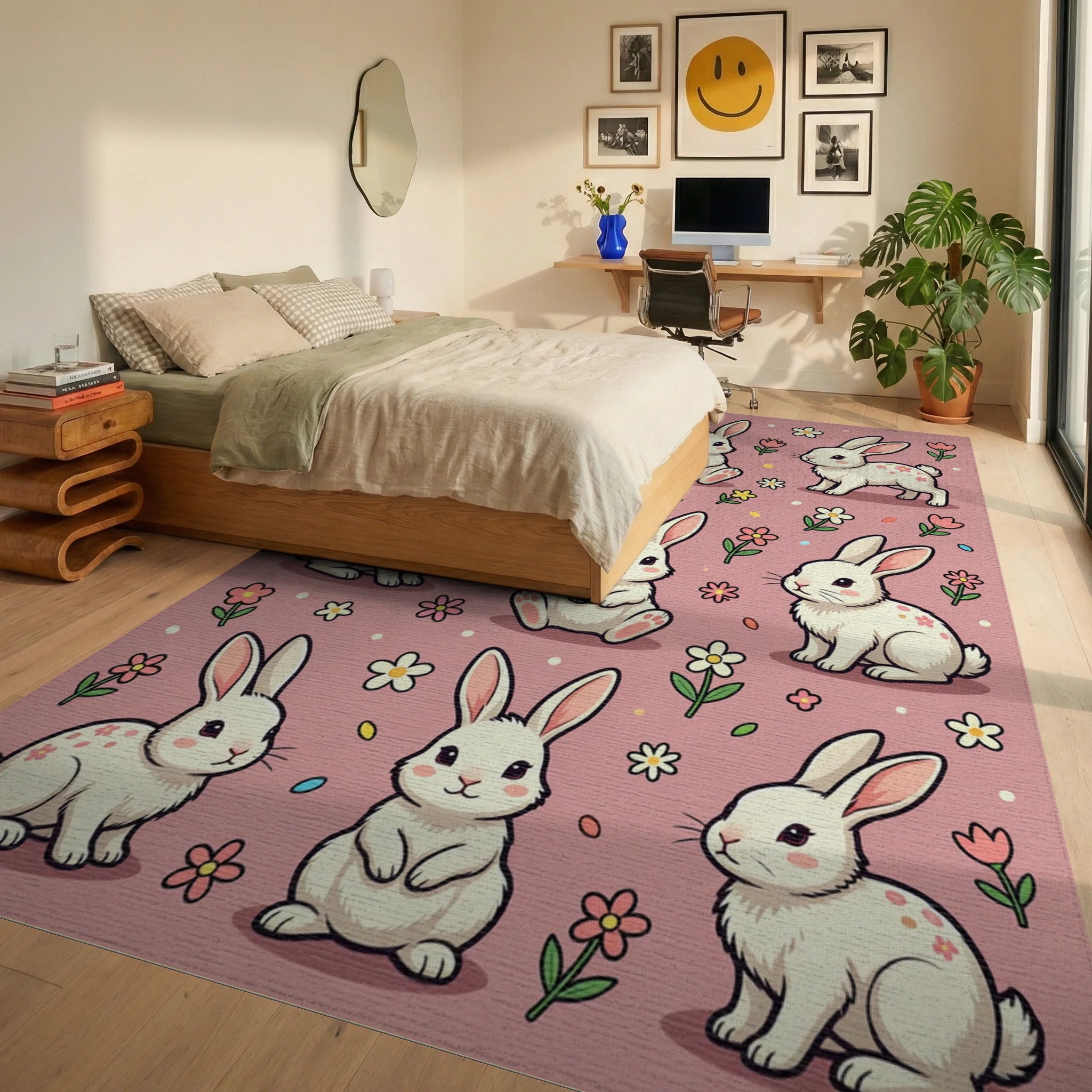 Cute Bunny Rabbit Floral Pink Backdrop Rug Bedroom View