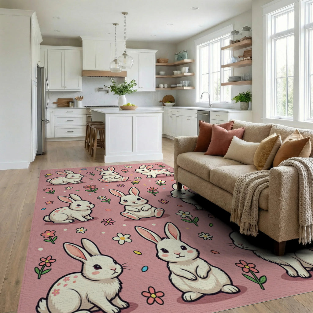 Cute Bunny Rabbit Floral Pink Backdrop Rug Living Room View