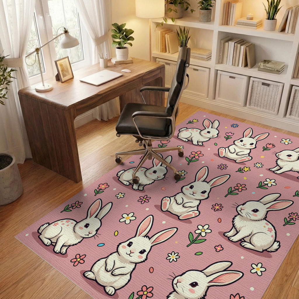 Cute Bunny Rabbit Floral Pink Backdrop Rug Office View