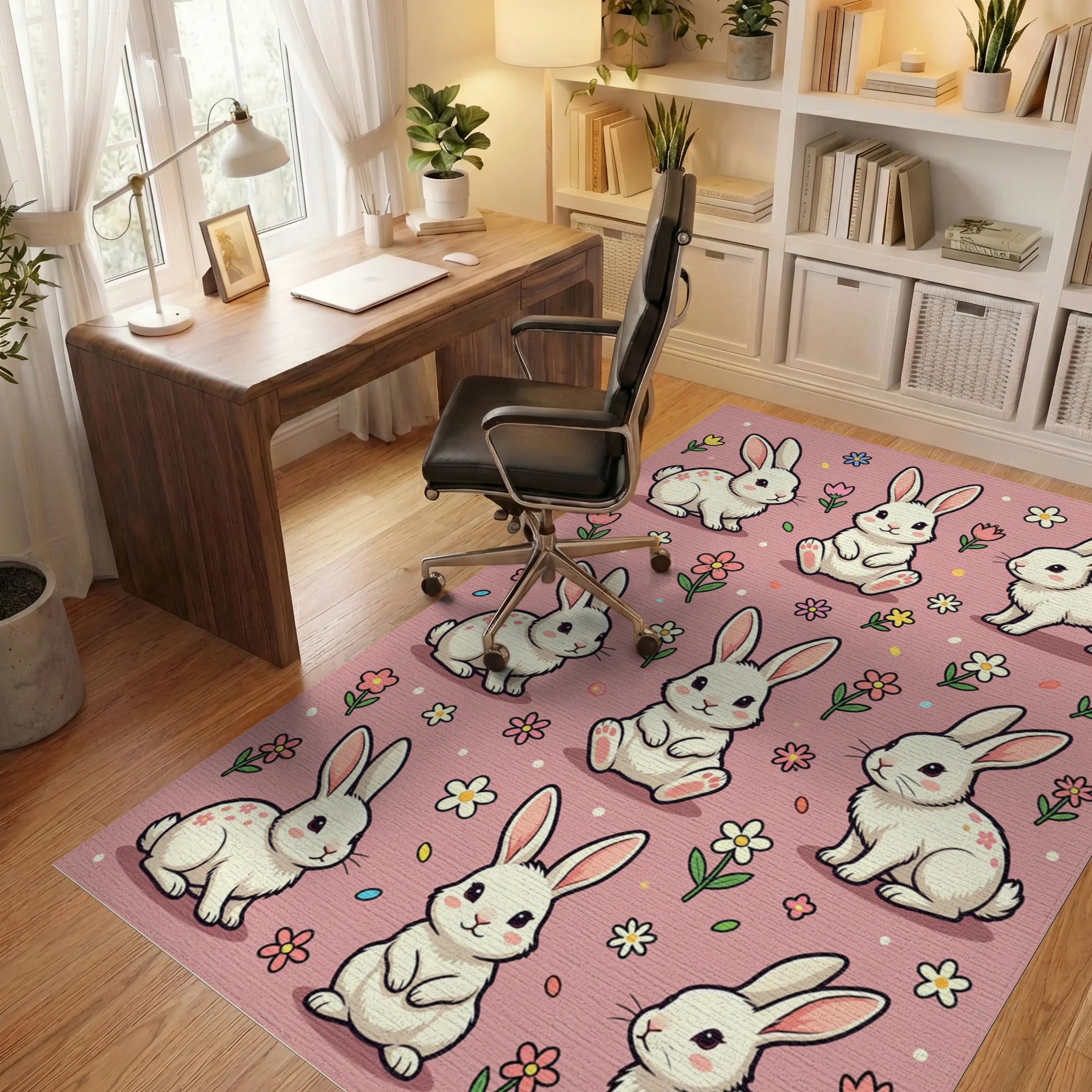 Cute Bunny Rabbit Floral Pink Backdrop Rug Office View