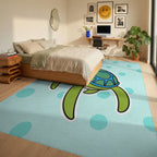 Cute Green Turtle Aqua Dot Background Rug Bedroom View